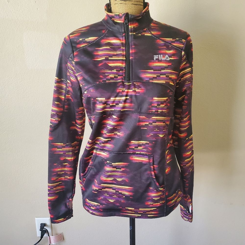 Fila Retro Geometric Multicolored 90s Style Quarter Zip Long Sleeve Sweatshirt M